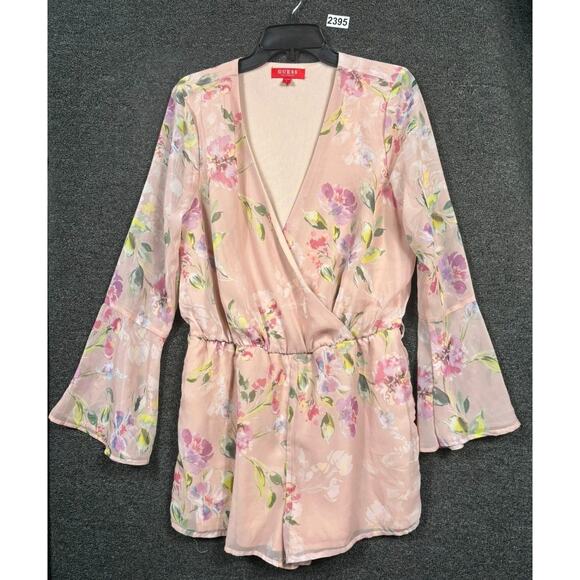 Guess Floral Wrap Darla Romper Womens Size L Pink Bell Sleeves V-Neck *NO BELT - Picture 1 of 11